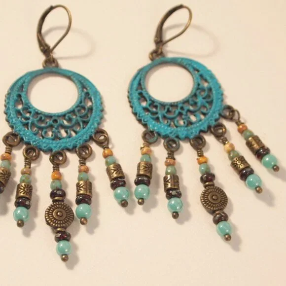 Handmade Southwestern Turquoise Chandelier Earrings Pierced or Clip-on earrings - Picture 2 of 7
